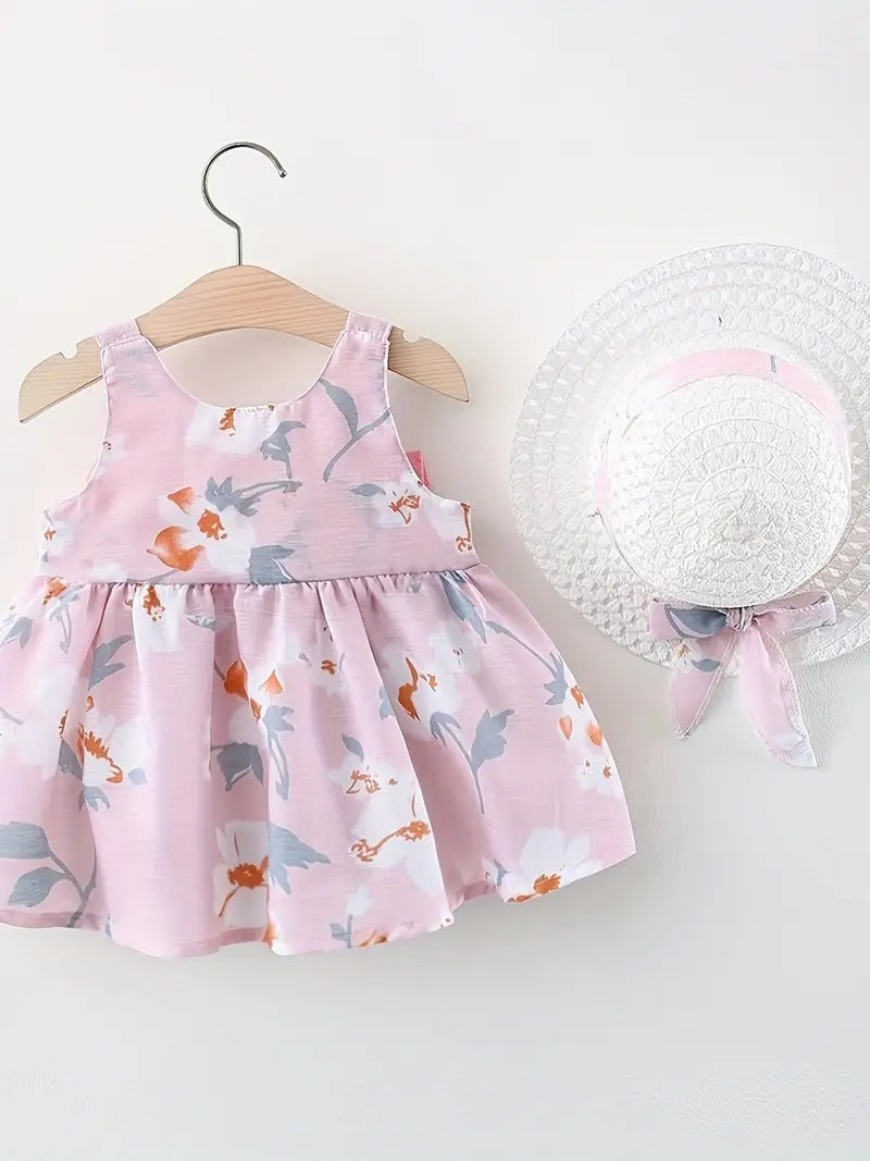 Vestido Rosado de Flores Con Sombrero