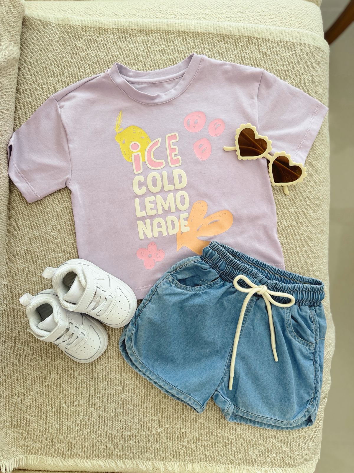 Conjunto Short En Jeans y Camiseta Blanca o Lila Para Bebé Niña