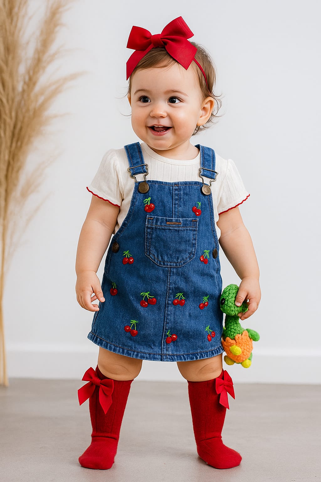 Jardinera en Jeans de Cereza Con Camisa Blanca