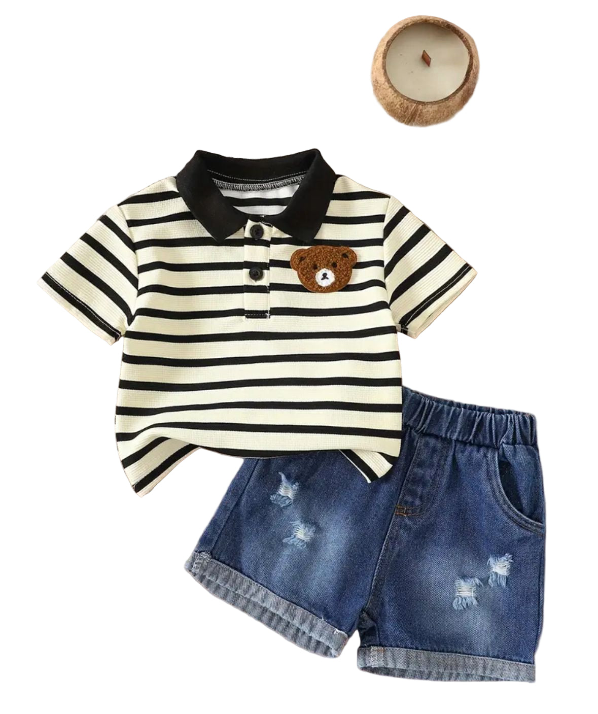 Conjunto Short En Jeans y Polo de Rayas Para Bebè Niño