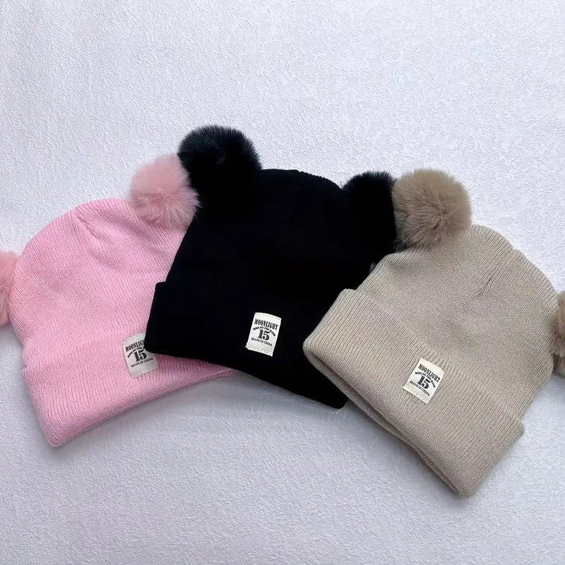 Gorro con Pompones Abrigador Rosado, Gris, Café, Negro Para Bebé