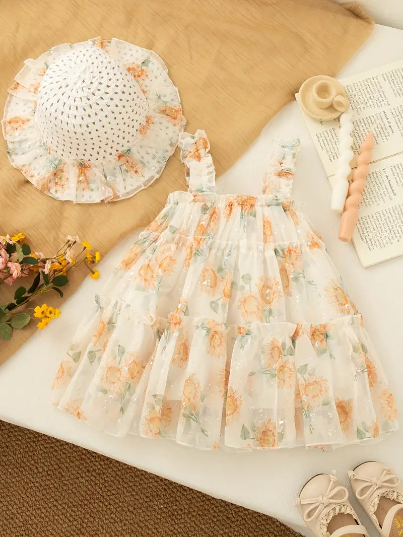 Vestido de Flores Salmon con Sombrero