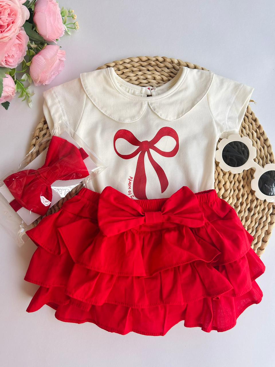 Conjunto Rojo De Niña Con Body Y Falda Short