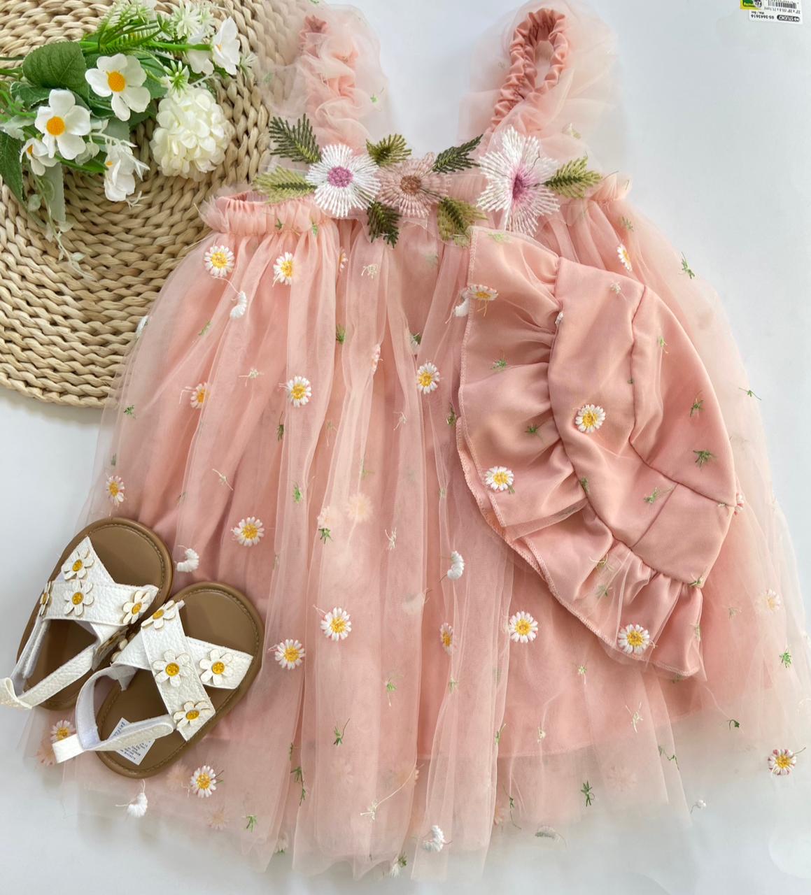 Vestido Rosado De Flores Con Gorro