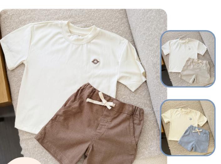 Conjunto Camiseta Orbita y Short en Lino Azul y Café