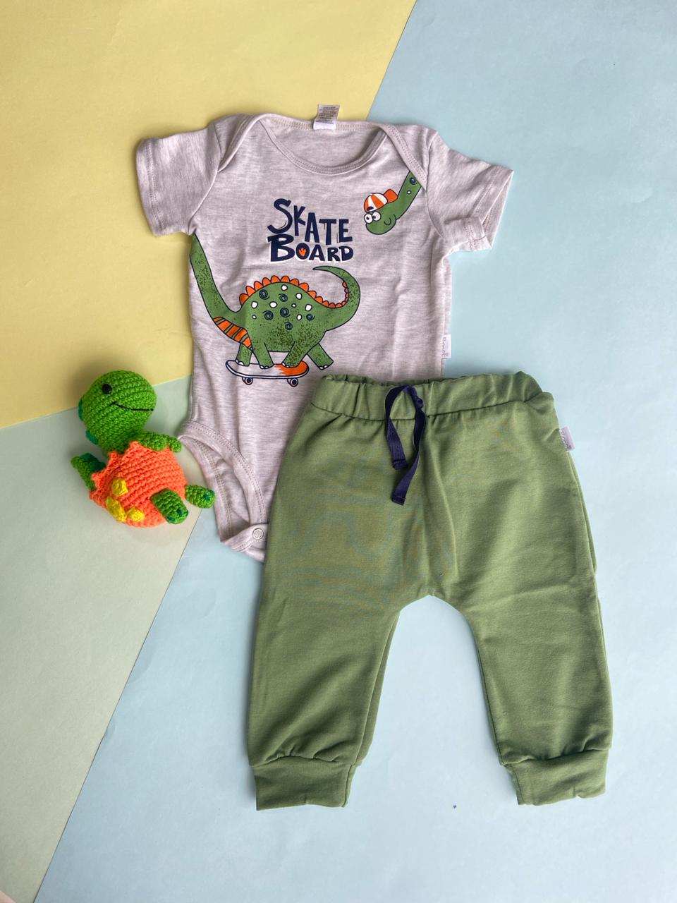 Conjunto Dino, Body Gris con Jogger Azul Verde