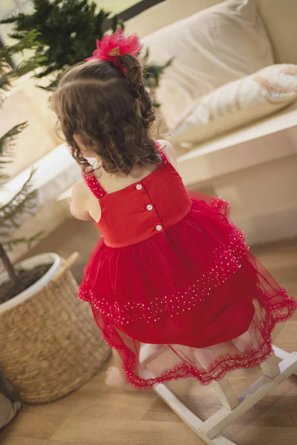 Vestido Rojo De Tul Con Puntos Blancos Para Bebé Niña