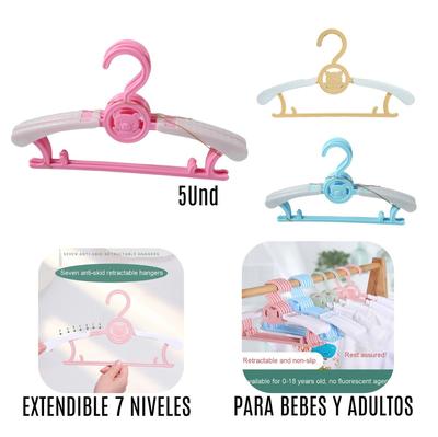 Set x 5 Ganchos Extendible Para Ropa de Bebé, Amarillo, Azul, Rosado
