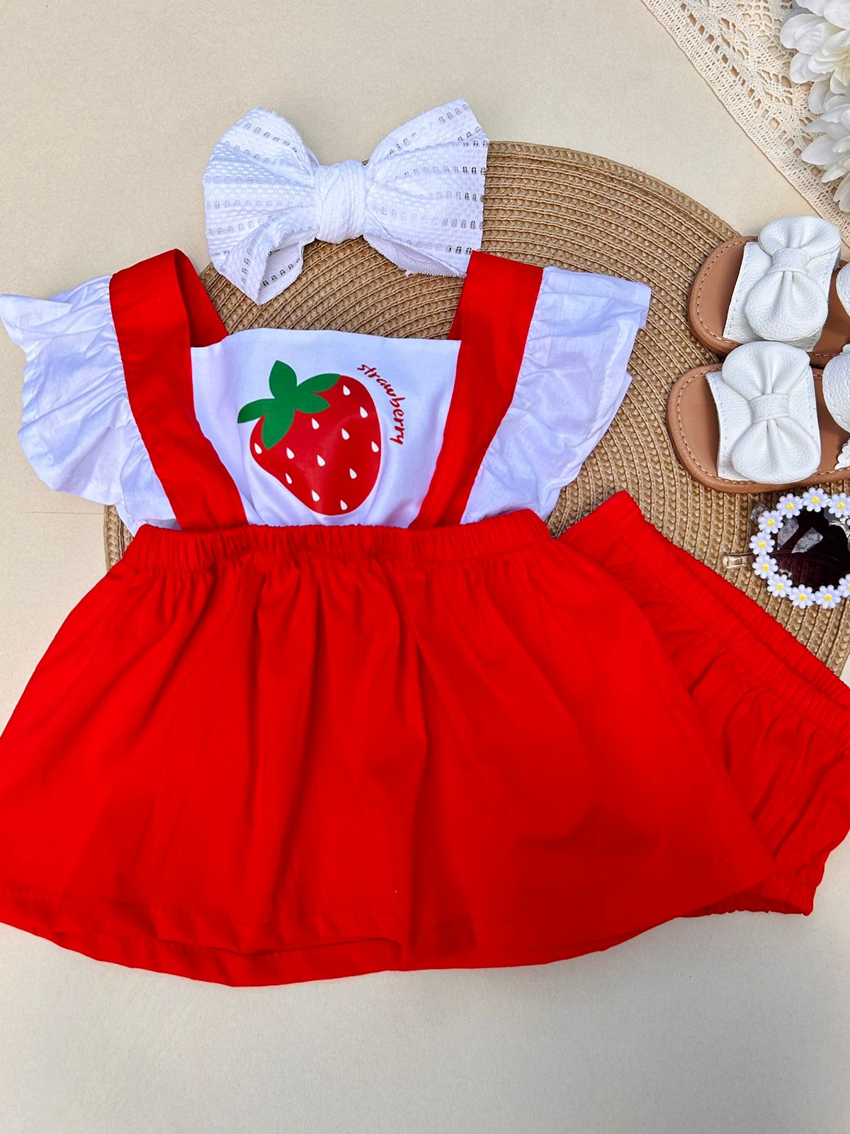 Vestido Fresa Rojo con Blanco, Cubre Pañal y Diadema