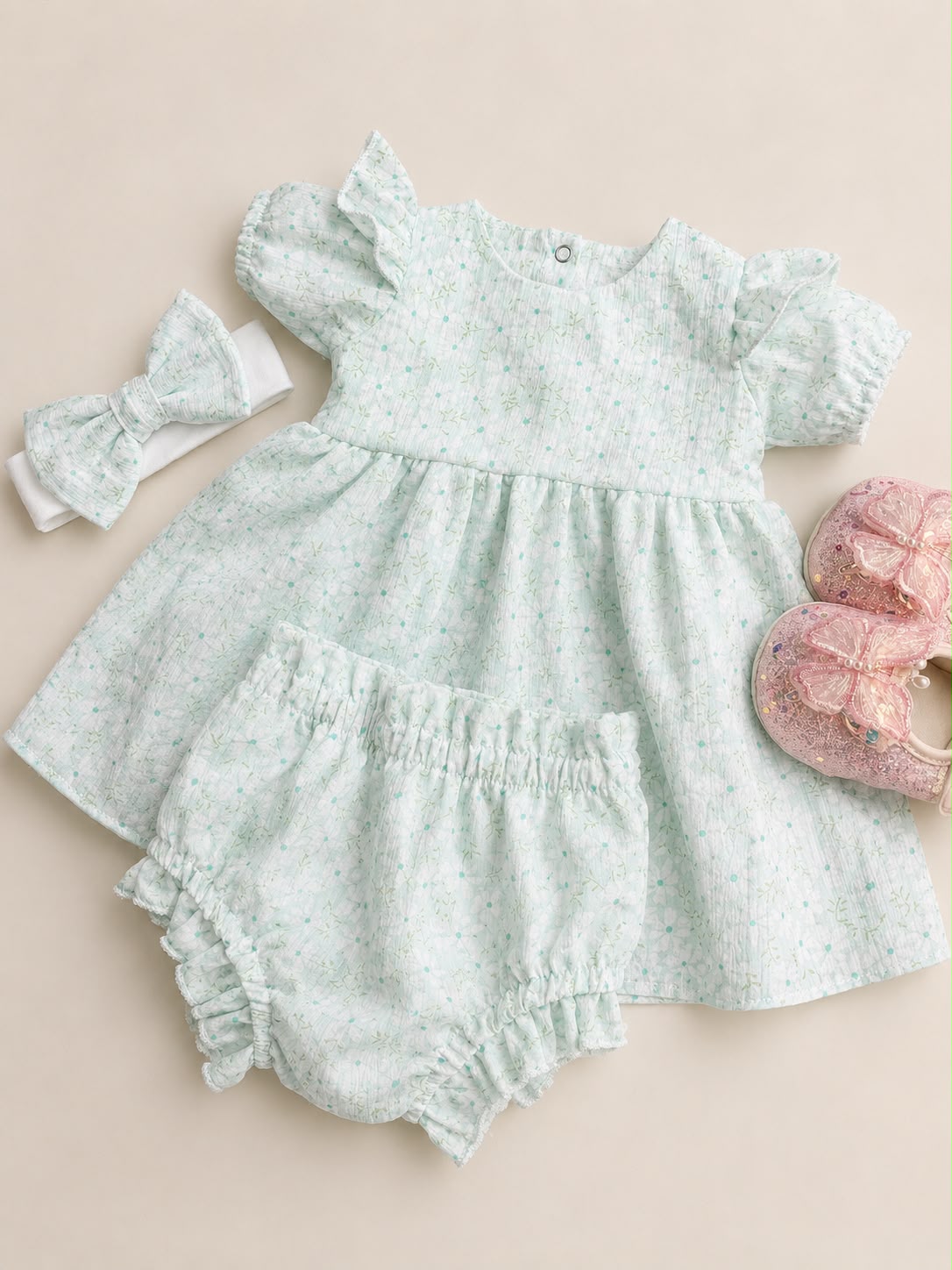 Vestido con Cubre Pañal y Diadema Blanco y Verde