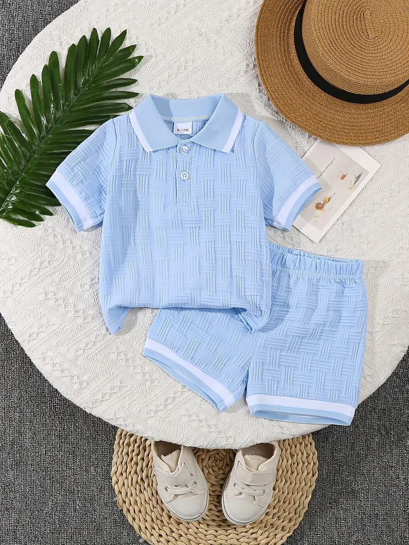 Conjunto Celeste Con Camisa Cuello y Short Para Bebé Niño.