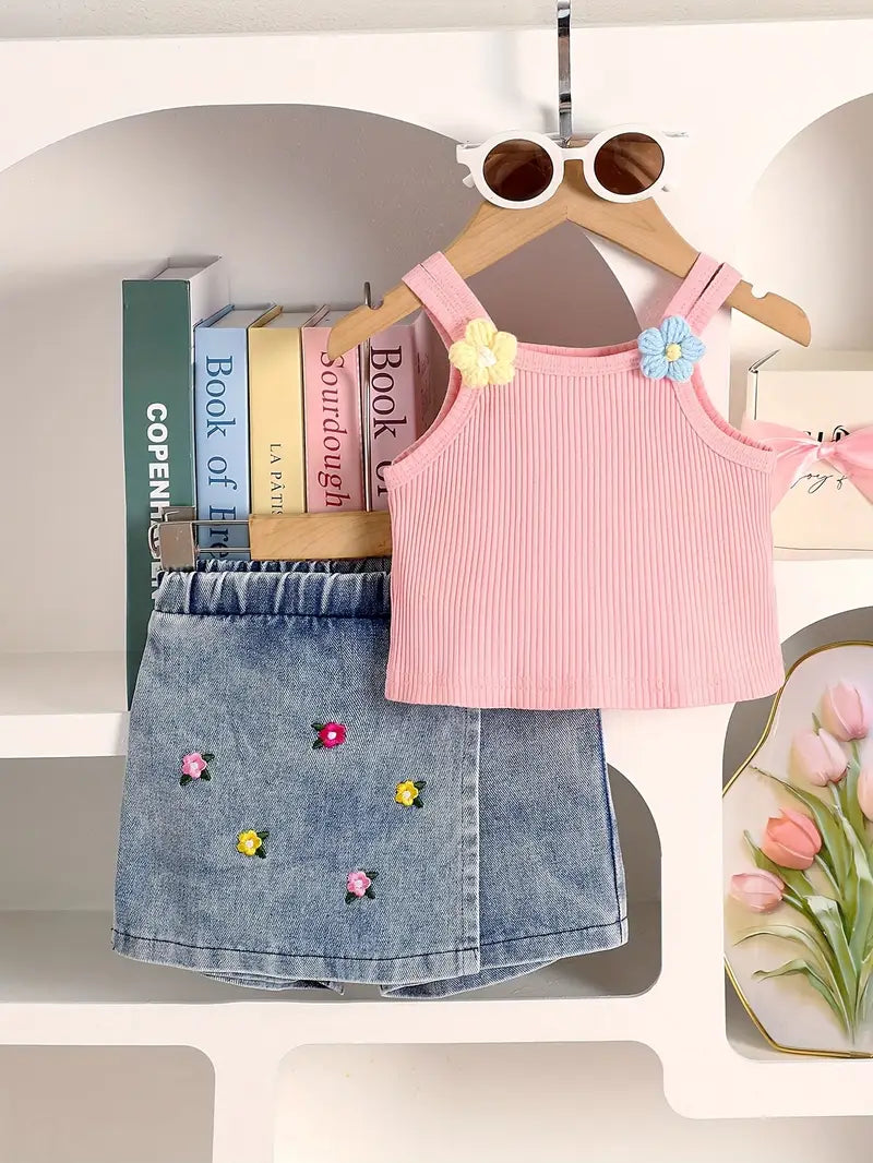 Conjunto Falda Short en Jeans y Camisa Rosada