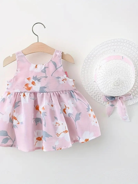 Vestido Rosado de Flores Con Sombrero
