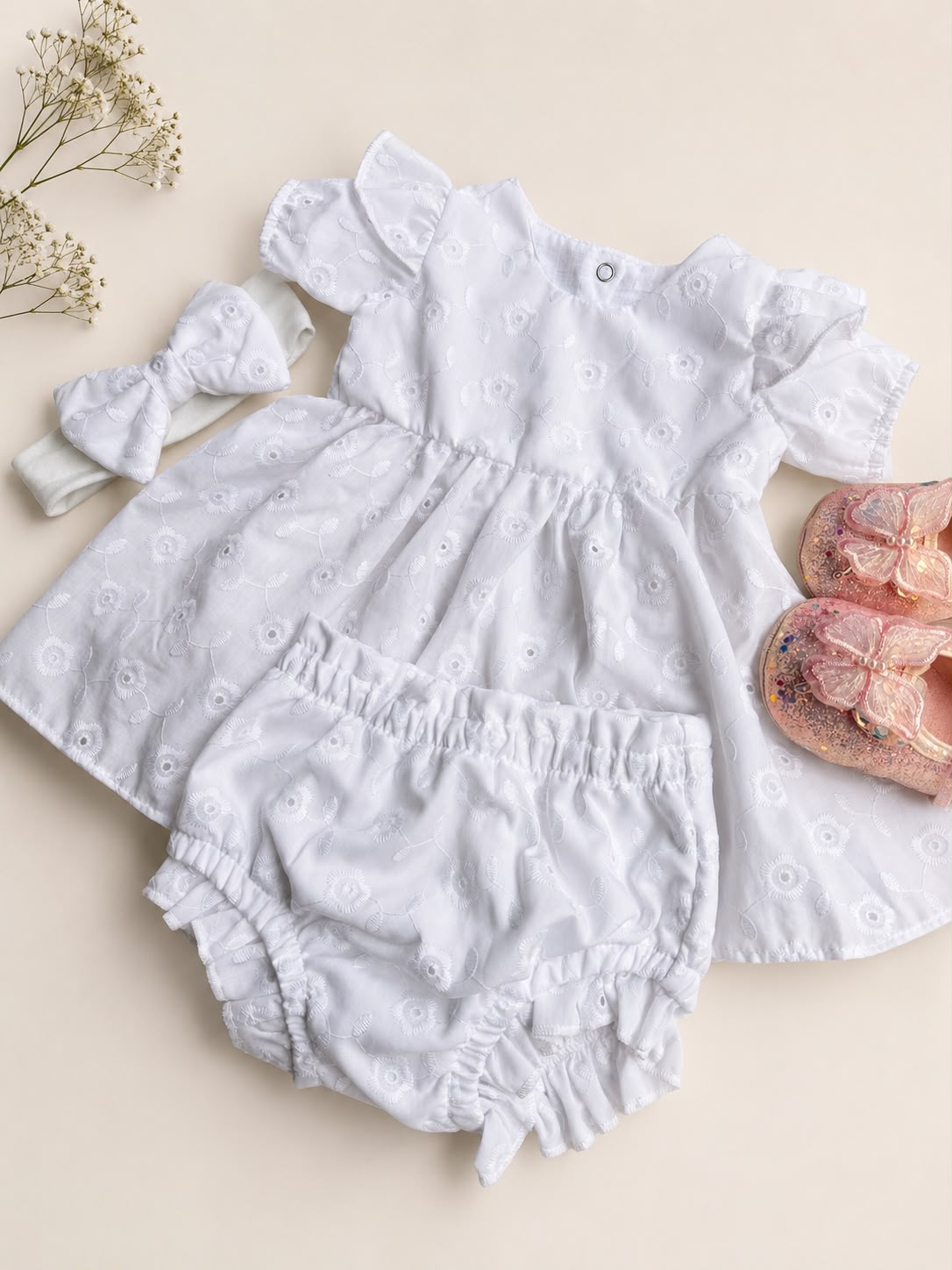 Vestido con Cubre Pañal y Diadema Blanco y Verde