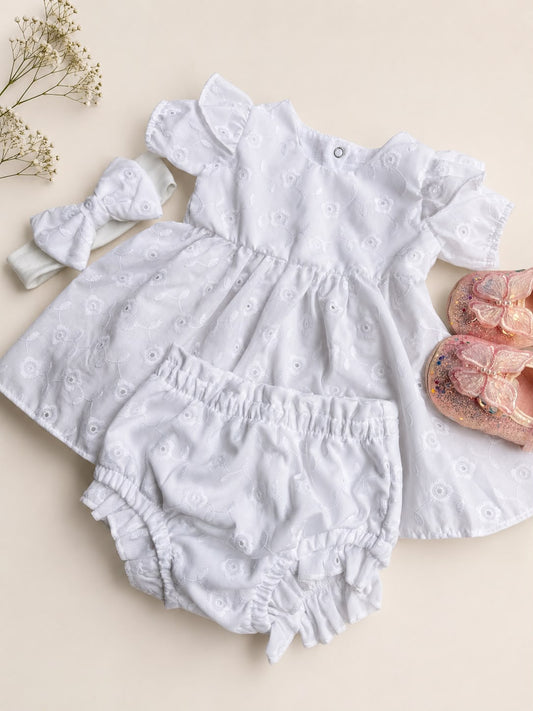 Vestido con Cubre Pañal y Diadema Blanco y Verde