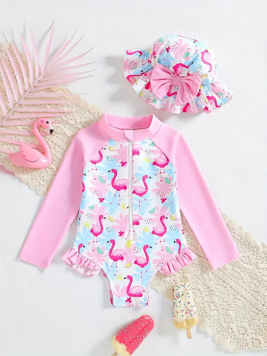 Vestido de Baño Enterizo Con Gorro Para Bebé Niña