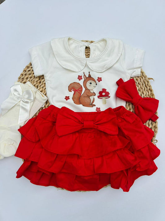 Conjunto Rojo De Niña Con Body Y Falda Short