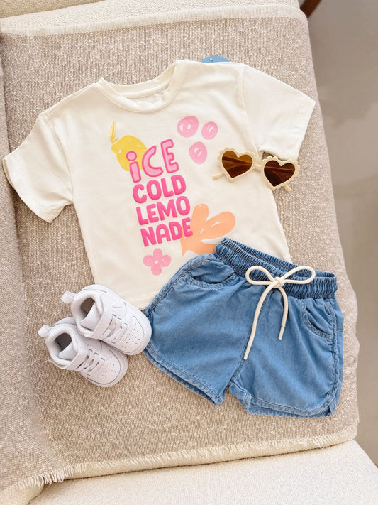 Conjunto Short En Jeans y Camiseta Blanca o Lila Para Bebé Niña