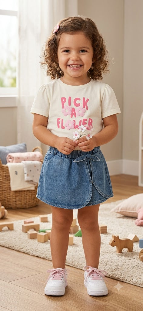 Conjunto de 2 Piezas, Camiseta y Falda Short En Jeans