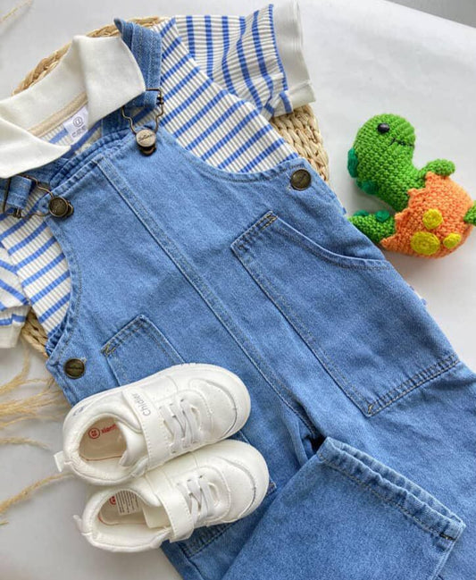 Overol En Jeans Con Polo De Rayas Azul Y Verde Para Bebé Niño