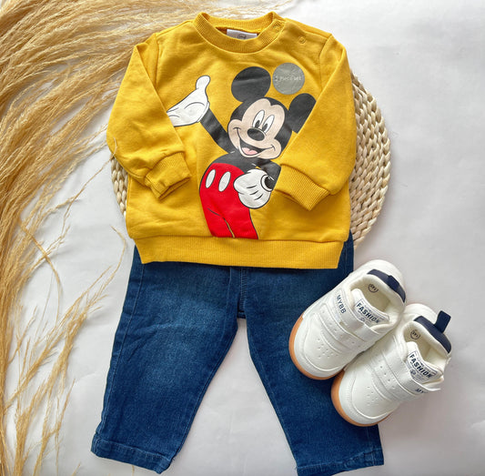 Conjunto De Pantalón Jeans y Buzo Amarillo De Mickey Para Bebé Niño