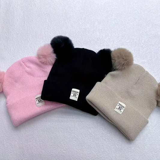 Gorro con Pompones Abrigador Rosado, Gris, Café, Negro Para Bebé