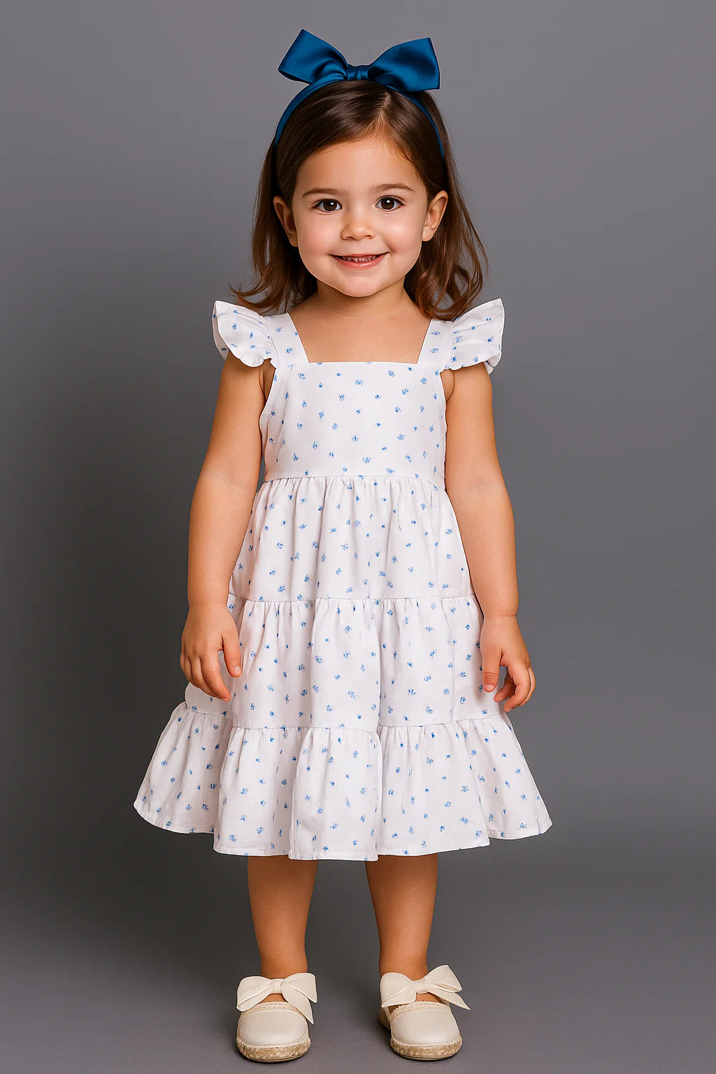Vestido Blanco Con Flores Azules Para Niña