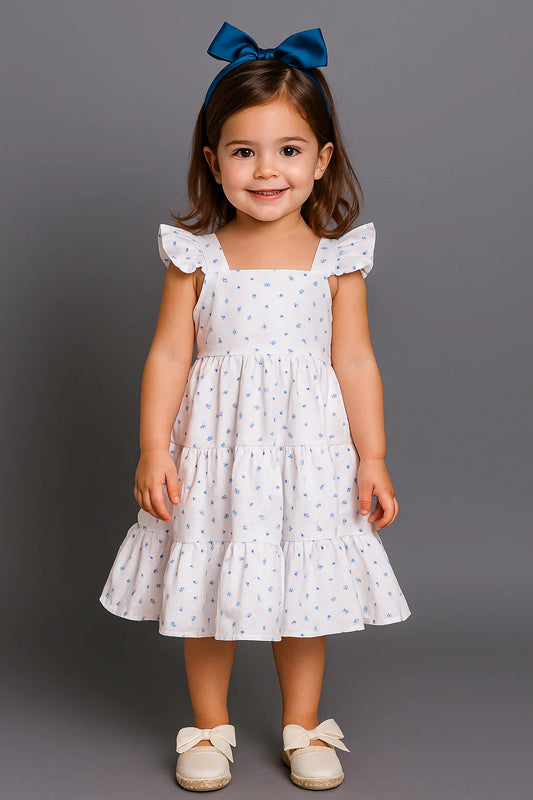 Vestido Blanco Con Flores Azules Para Niña