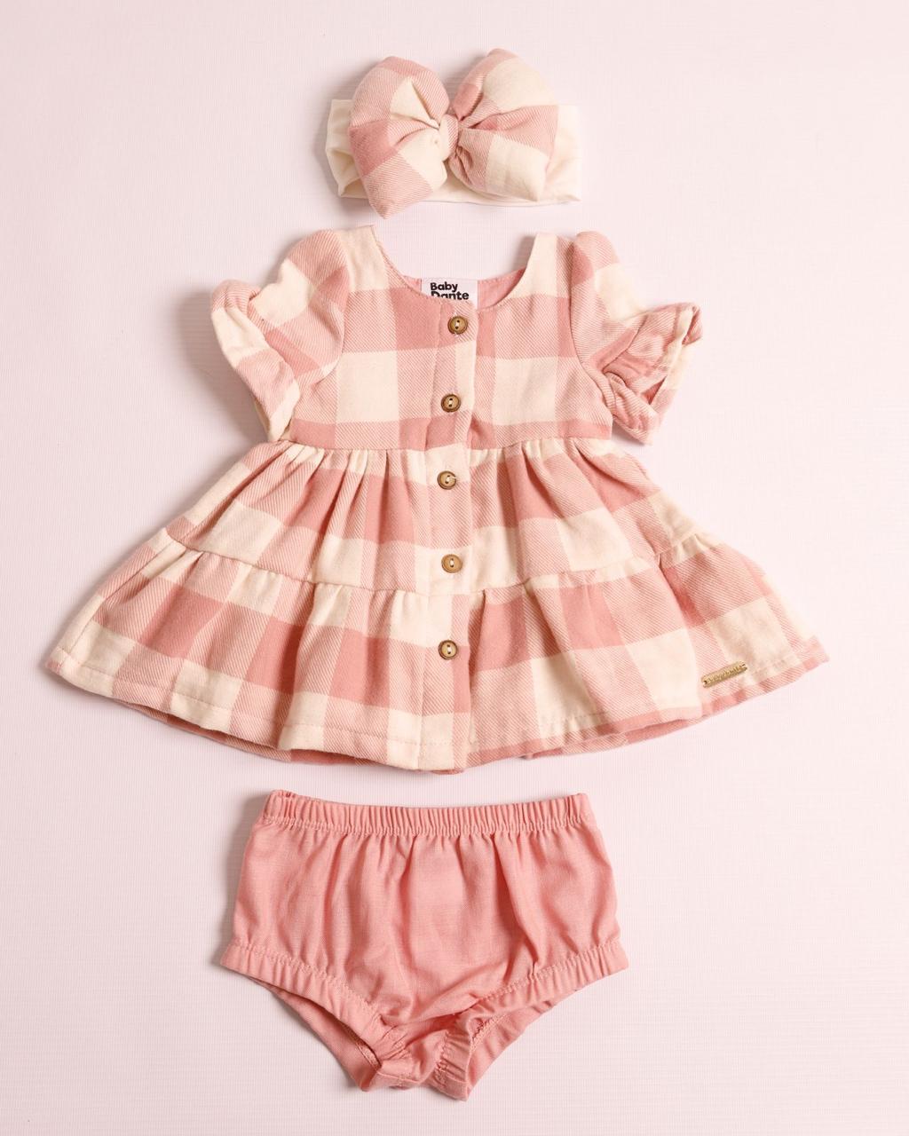 Vestido de Cuadros con Cubre Pañal y Diadema Para Bebé Niña