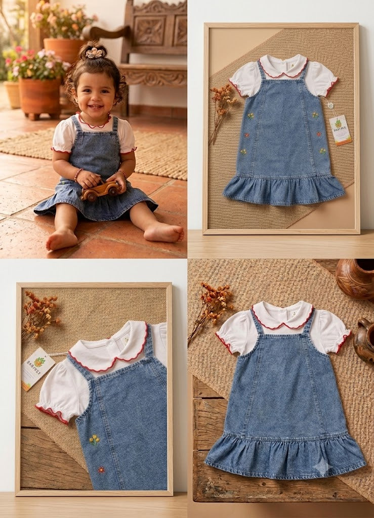 Jardinera  En Jeans Con Detalles De Flores con Camisa Blanca