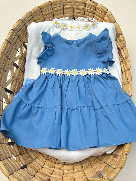 Vestido Azul Con Cubre Pañal y Diadema