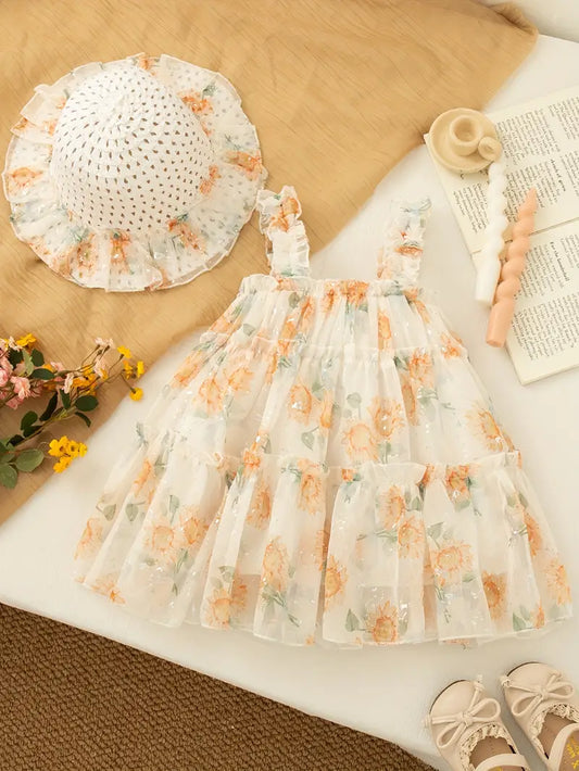 Vestido de Flores Salmon con Sombrero