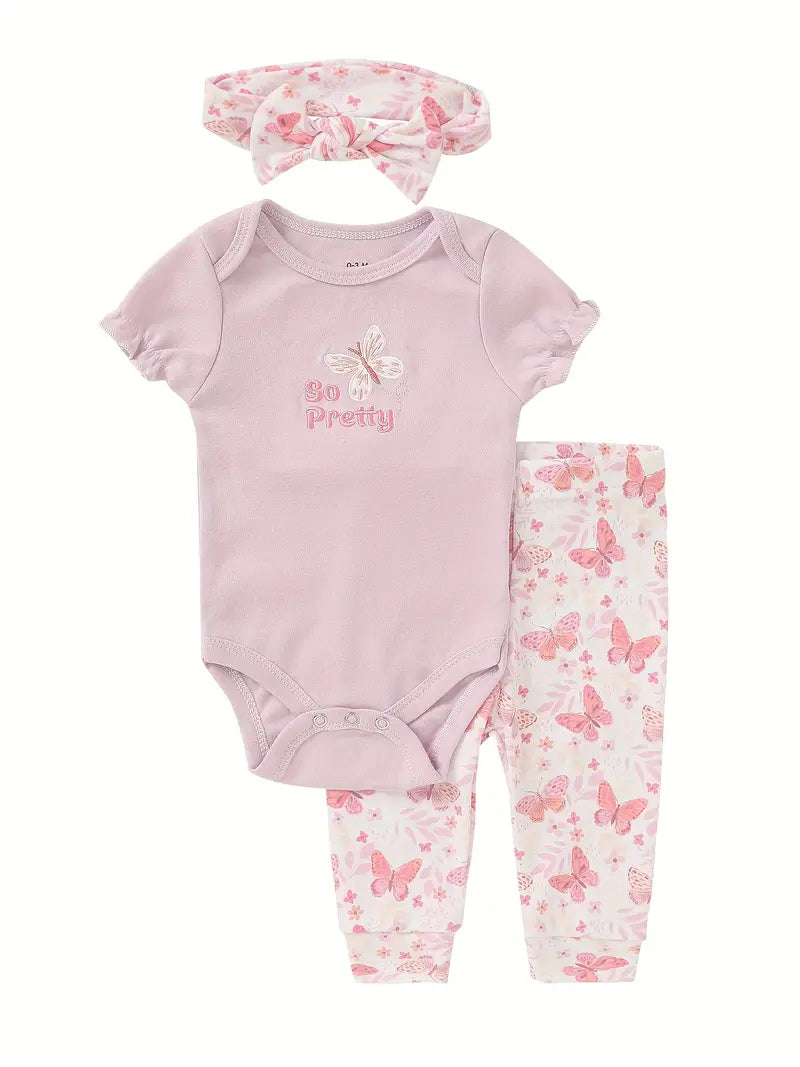 Conjunto Morado de Mariposas. Body, Pantalón y Diadema