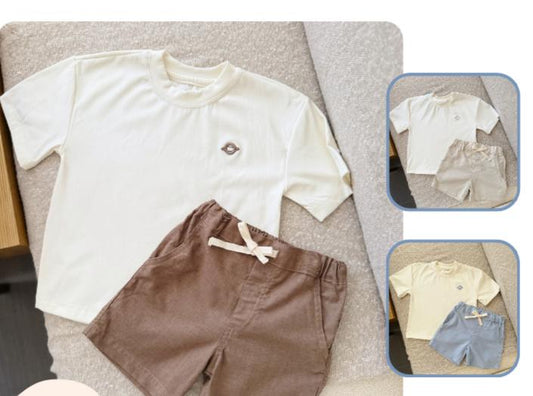 Conjunto Camiseta Orbita y Short en Lino Azul y Café