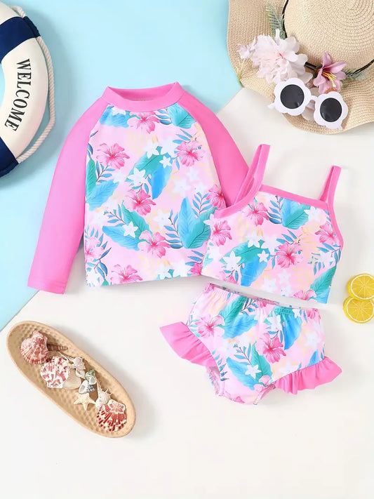Traje de Baño 3 Piezas Rosado Para Bebé Niña