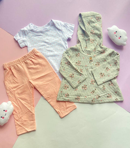 Conjunto  Chaqueta Flores Con Capota Gris