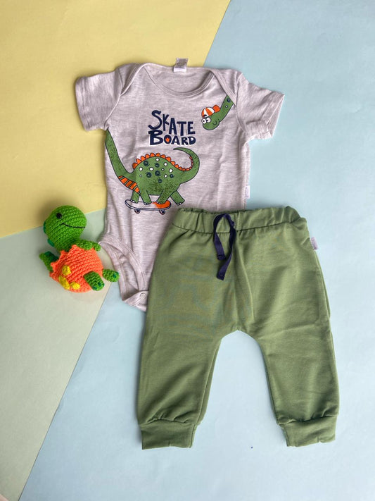 Conjunto Dino, Body Gris con Jogger Azul Verde