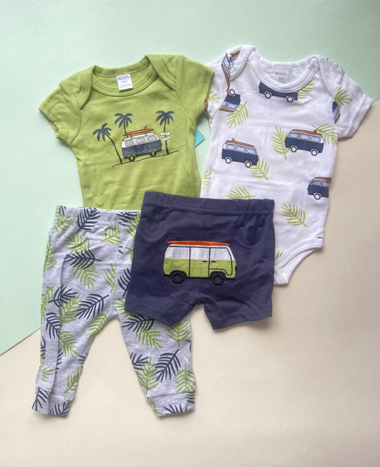 Conjunto x 4 Piezas Carros Verde con Gris y Blanco