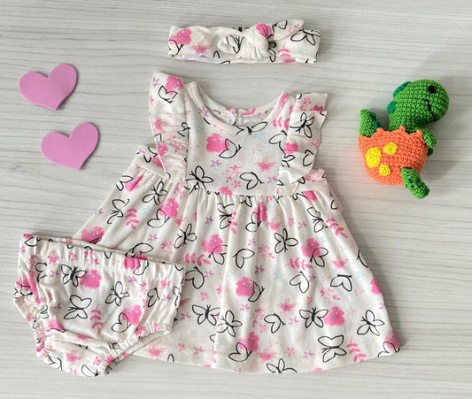 Vestido Mariposa Blanco con Rosado, Cubre Pañal y Diadema