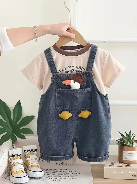 Overol en Jeans  de Pato Con Camisa Café