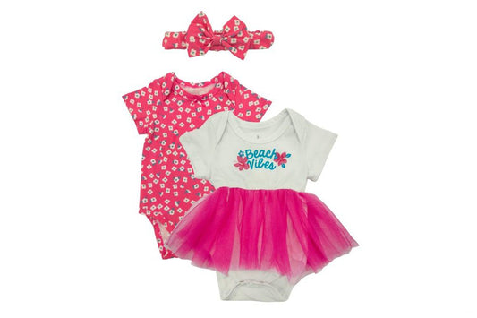 Set x 3 Body -Vestido con Diadema Blanco con Rosado