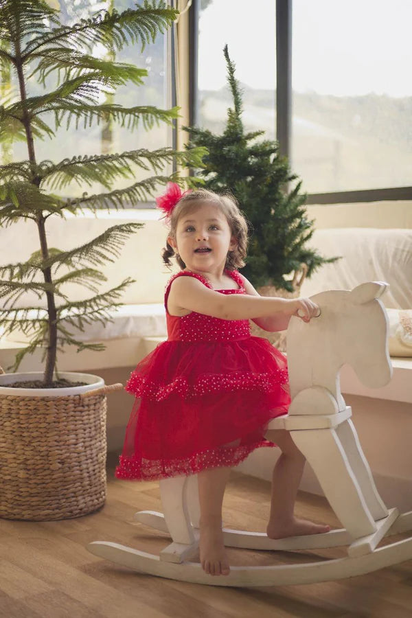 Vestido Rojo De Tul  Con Puntos Blancos Para Bebé Niña