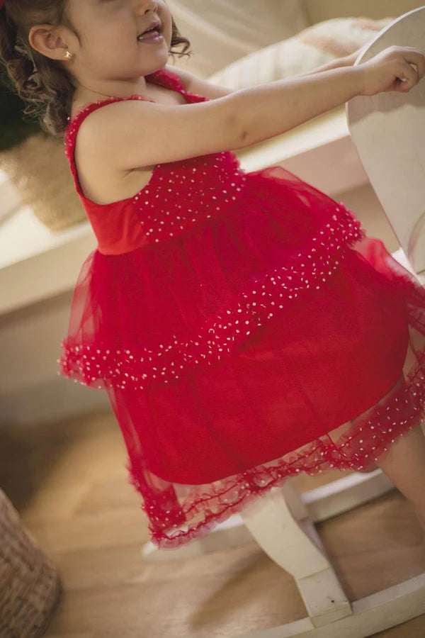 Vestido Rojo De Tul  Con Puntos Blancos Para Bebé Niña