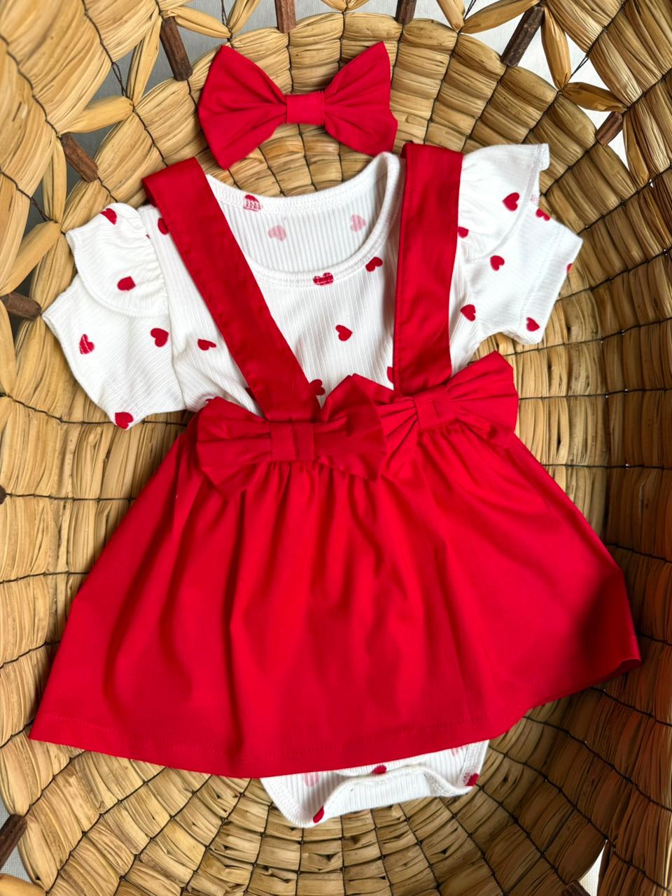 Conjunto de Jardinera de Corazones Rojo con Diadema Para Bebé Niña