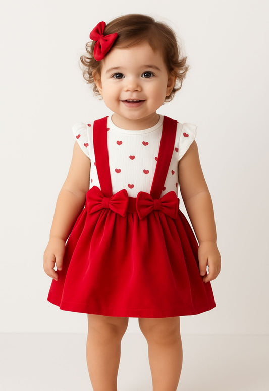 Conjunto de Jardinera de Corazones Rojo con Diadema Para Bebé Niña