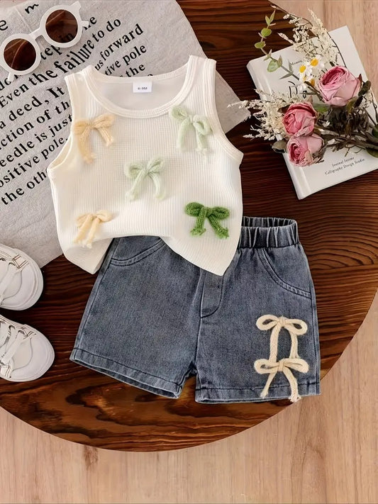 Conjunto Short en Jeans t Camisa de Corbatines Beige