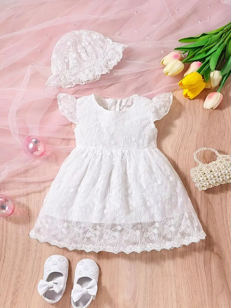 Vestido Blanco Con  Detalles y Gorrito  Para Bautizo Para Bebé Niña