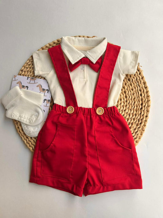 Conjunto de Polo Body con Braga y Corbatín en Rojo y Azul Para Bebé Niño