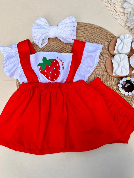 Vestido Fresa Rojo con Blanco, Cubre Pañal y Diadema