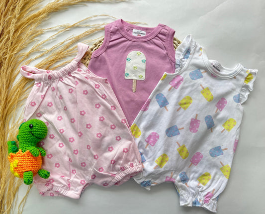 Set x 3 Romper Rosado, Morado Estampados Para Bebé Niña